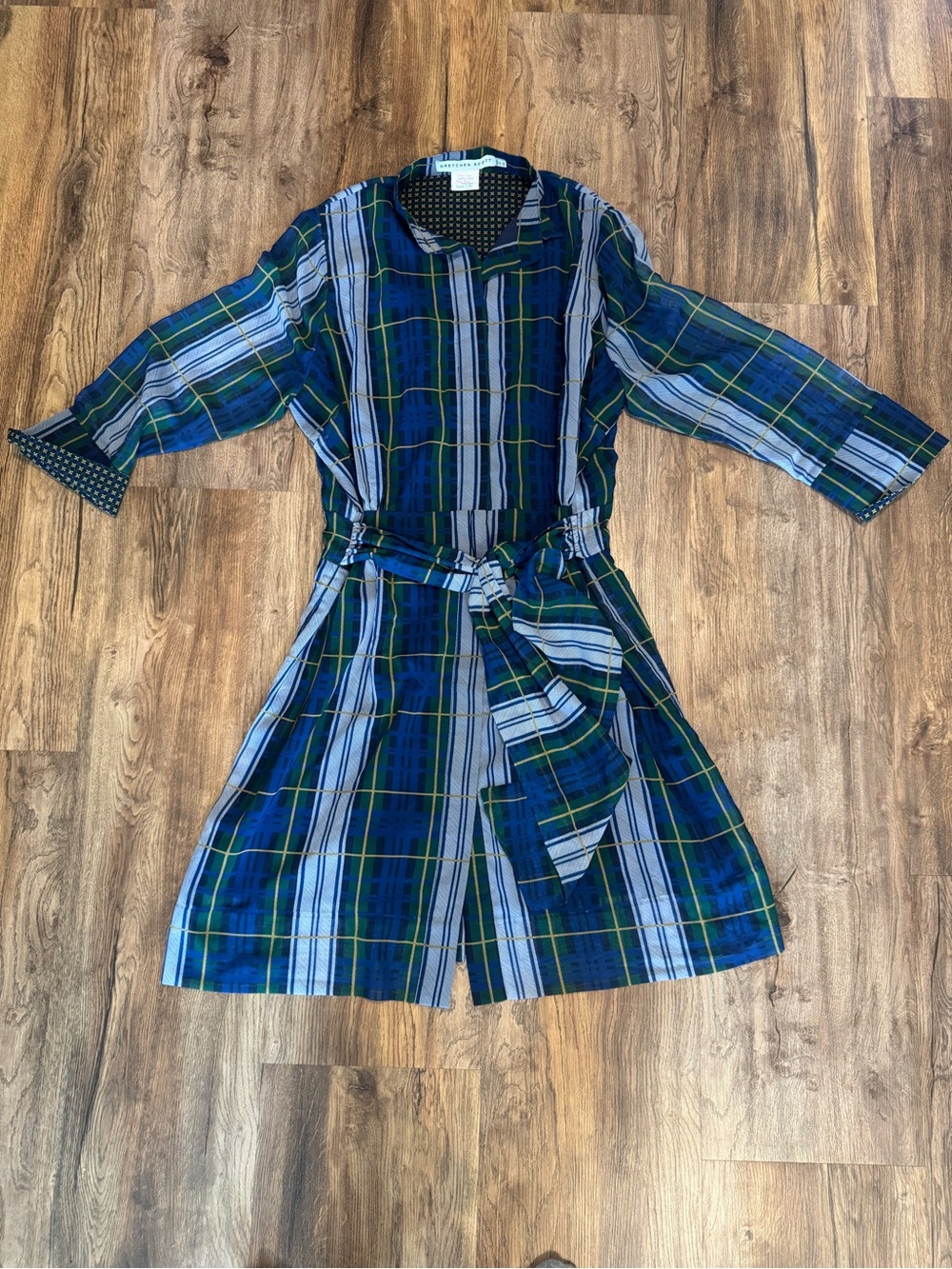 Gretchen Scott Blue & Green Plaid Button Down Tie Waist Dress-Goddess